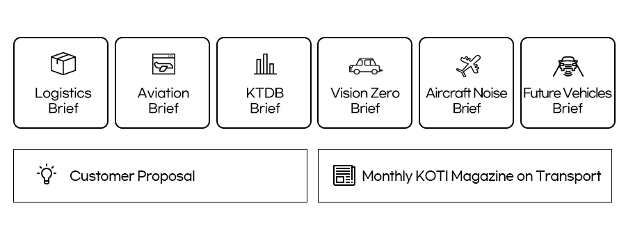 Logistics Brief / Aviation Brief / KTDB Brief / Vision Zero Brief / Aircraft Noise Brief / Futurae Vehicles Brief / Customer Proposal / Monthly KOTY Magazine on Transport